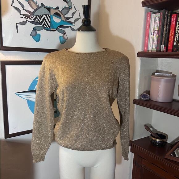 Vintage Jeanne Pierre Lambswool Blend Metallic Gold Shimmering Knit Party Top - Picture 1 of 2